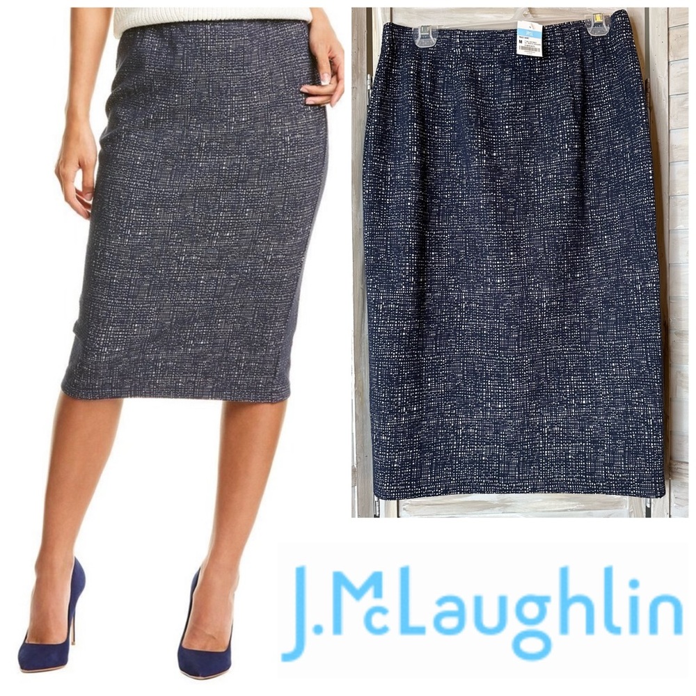 J. McLaughlin Maze Midi Skirt Gray + Navy Blue Crosshatch Jacquard NWT Medium